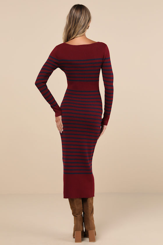 Lulus Effortlessly Ready Burgundy Striped Ribbed Midi Sweater Dress In Burgundy