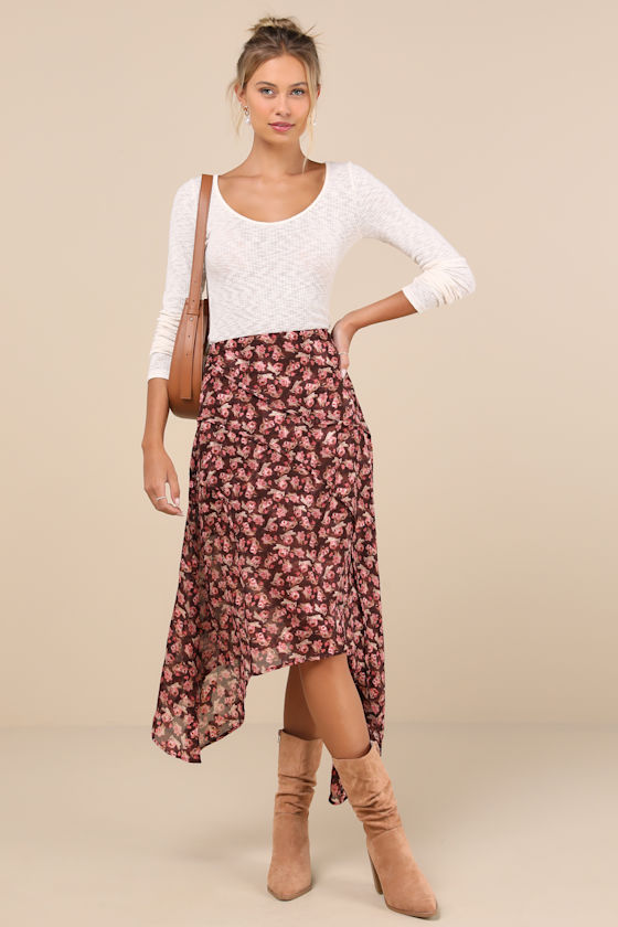 Elevated Exception Brown Floral Asymmetrical Midi Skirt 1