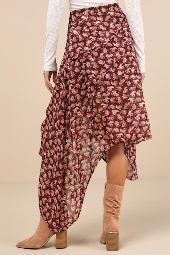 Lulus Elevated Exception Brown Floral Asymmetrical Midi Skirt In Brown