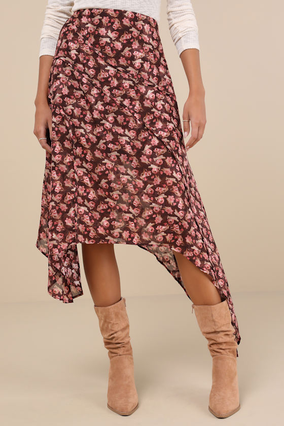 Lulus Elevated Exception Brown Floral Asymmetrical Midi Skirt In Brown