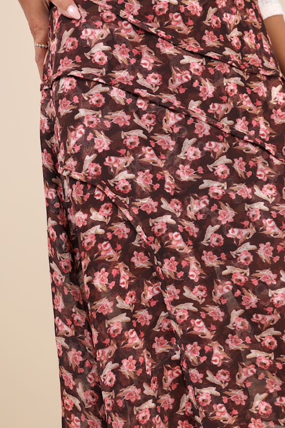 Lulus Elevated Exception Brown Floral Asymmetrical Midi Skirt In Brown