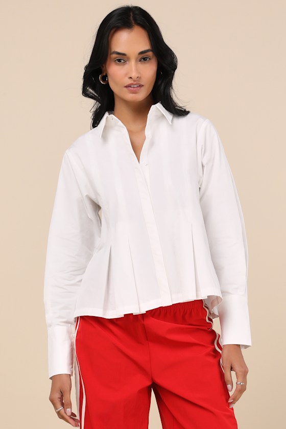 Convincingly Chic Ivory Pleated Long Sleeve Button-Up Top 1