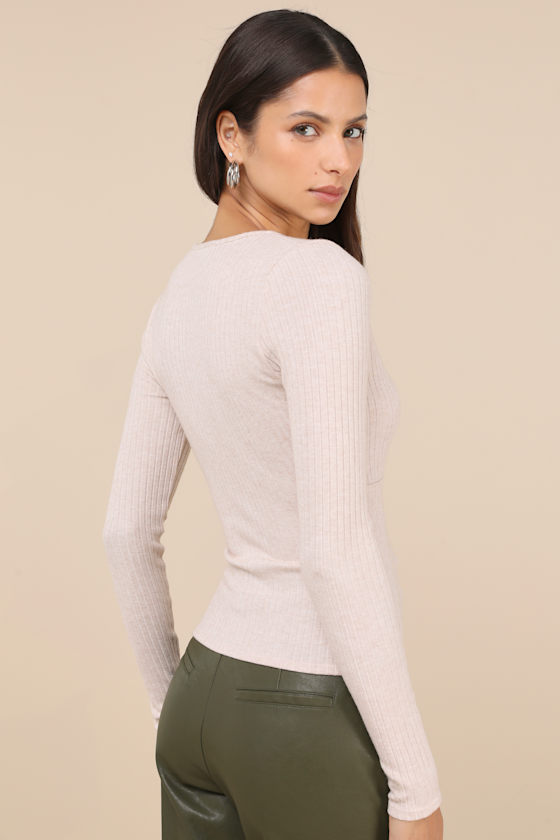 Wintery Aesthetic Heather Blush Ribbed Long Sleeve Henley Top