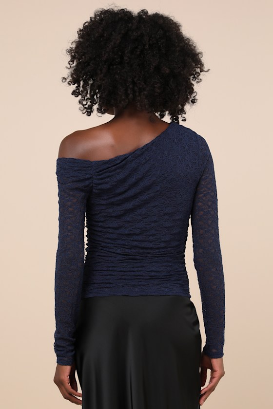 Lulus Alluring Poise Navy Blue Lace One-shoulder Long Sleeve Top In Navy Blue