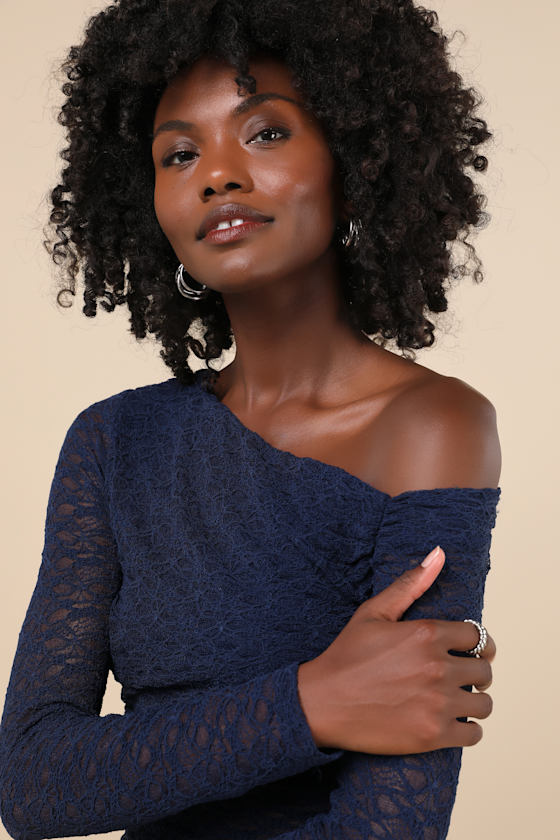 Lulus Alluring Poise Navy Blue Lace One-shoulder Long Sleeve Top In Navy Blue
