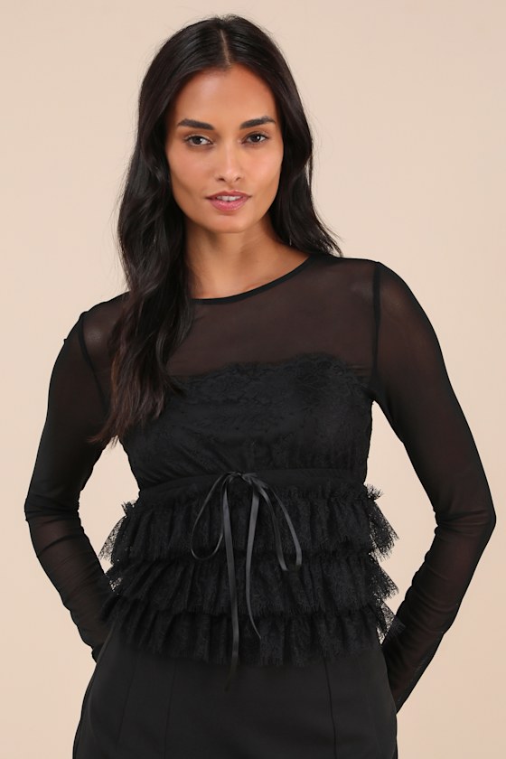 Lulus Delightful Impact Black Mesh Lace Drawstring Long Sleeve Top In Black