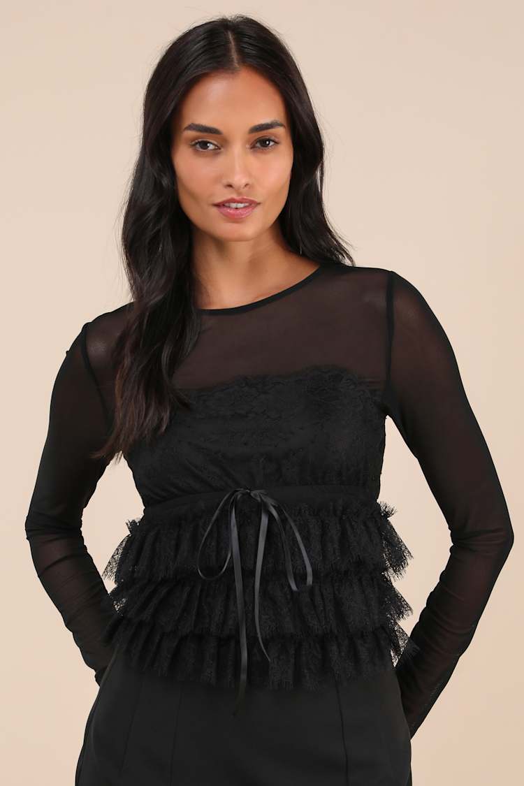 Black Mesh Lace Top - Drawstring Top - Long Sleeve Top - Top - Lulus