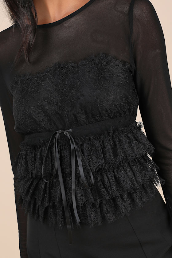 Lulus Delightful Impact Black Mesh Lace Drawstring Long Sleeve Top In Black