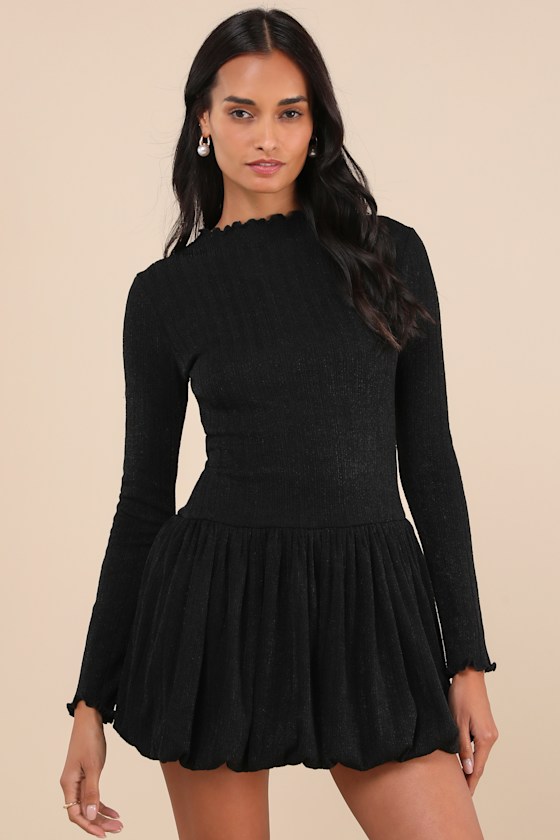 Approachably Adorable Black Ribbed Bubble Hem Mini Dress 2