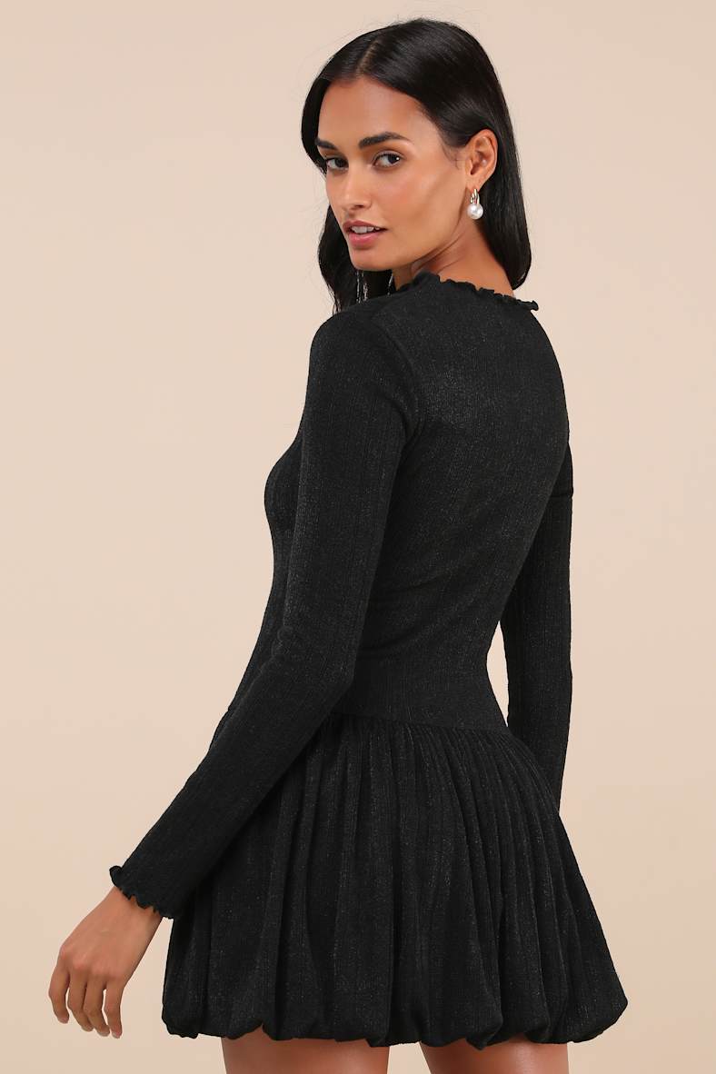 Approachably Adorable Black Ribbed Bubble Hem Mini Dress