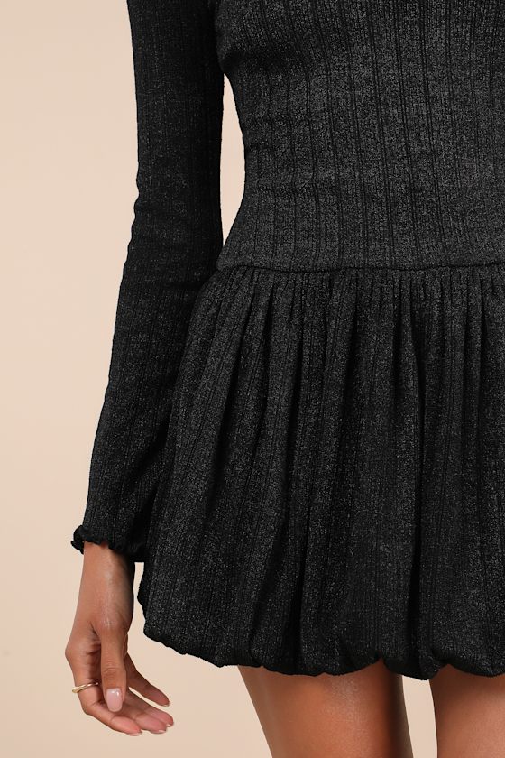 Lulus Approachably Adorable Black Ribbed Bubble Hem Mini Dress In Black