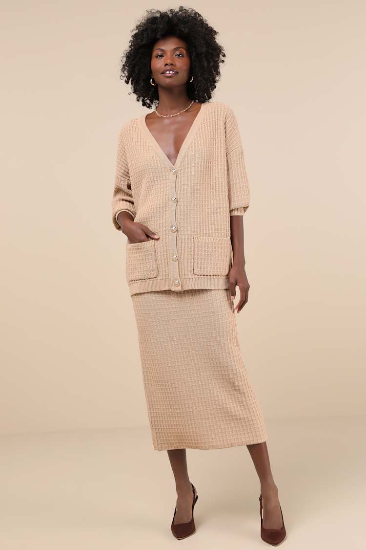 Tan Two-Piece Dress - Cardigan Sweater Dress - Knit Midi Dress - Lulus Tan Two-Piece Dress - Cardigan Sweater Dress - Knit Midi Dress - Lulus