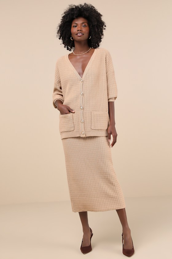 Toasty Sophistication Tan Two-Piece Cardi Sweater Midi Dress 1