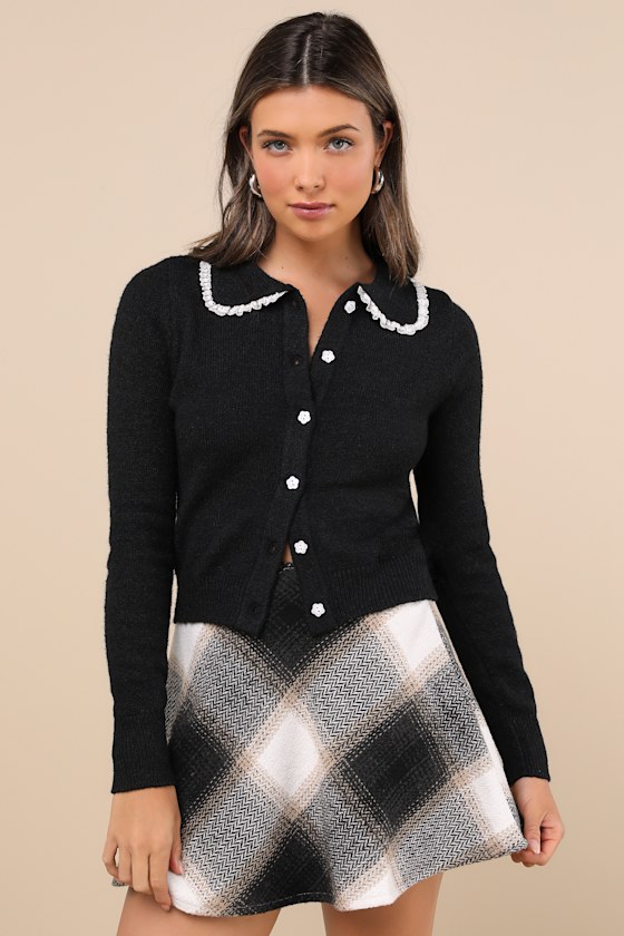 Motel Jaiko Black Collared Lace Flower Button Cardigan In Black
