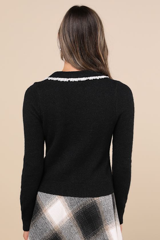 Motel Jaiko Black Collared Lace Flower Button Cardigan In Black