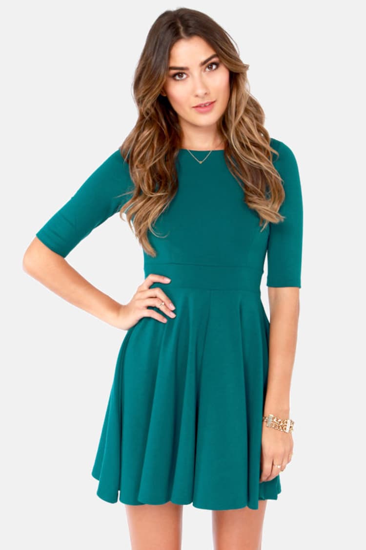 slim fit dress slacks Women's Green Skater Dress Long Sleeve Mini