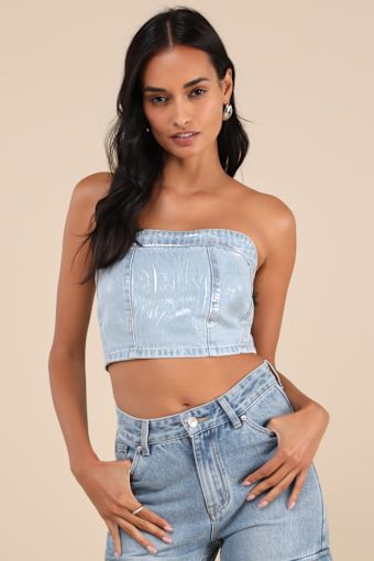 Modern Shine Light Wash Metallic Coated Denim Crop Top 2