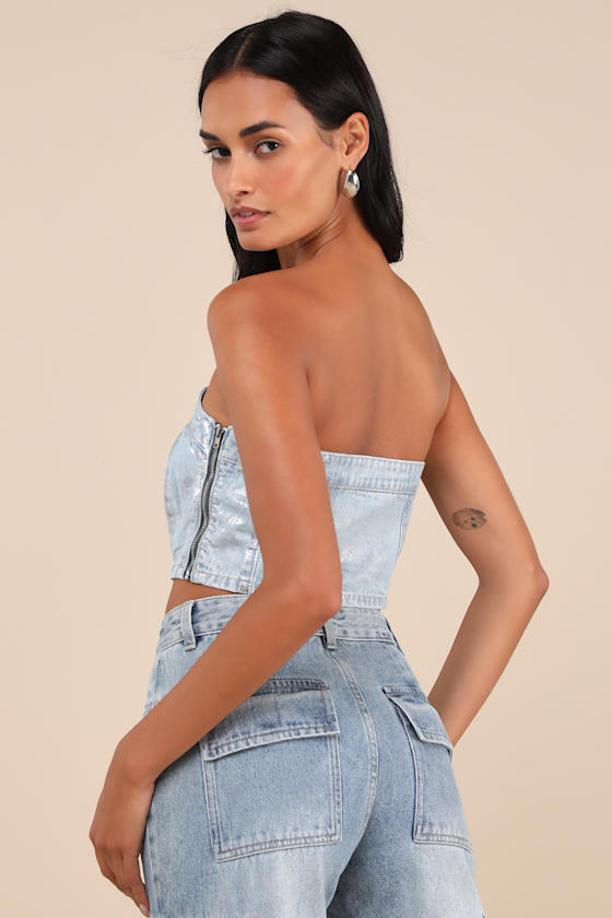 Modern Shine Light Wash Metallic Coated Denim Crop Top 1