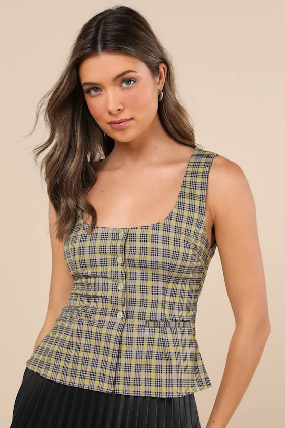 MOTEL GANITA YELLOW PLAID SCOOP NECK BUTTON-FRONT SLEEVELESS VEST TOP 