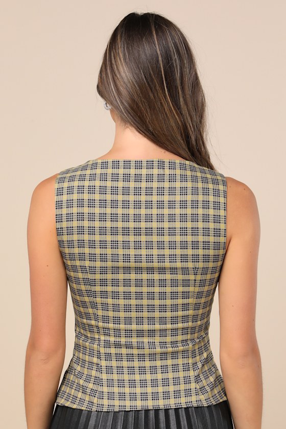 MOTEL GANITA YELLOW PLAID SCOOP NECK BUTTON-FRONT SLEEVELESS VEST TOP 