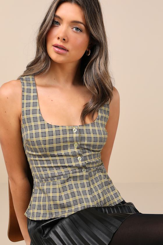 MOTEL GANITA YELLOW PLAID SCOOP NECK BUTTON-FRONT SLEEVELESS VEST TOP 