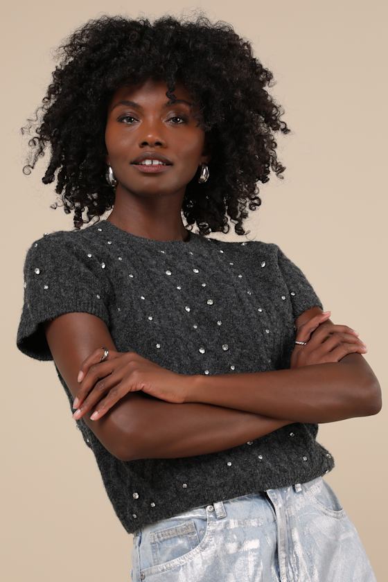 Glittering Warmth Charcoal Grey Rhinestone Short Sleeve Sweater 4