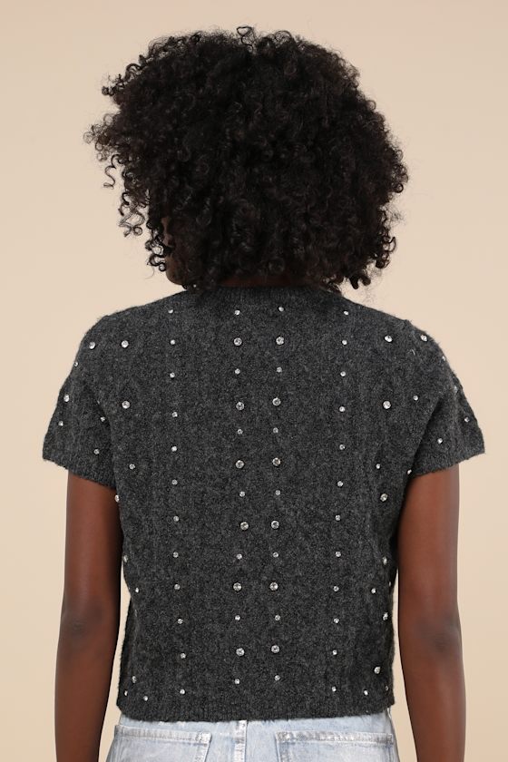 Lulus Glittering Warmth Charcoal Grey Rhinestone Short Sleeve Sweater In Charcoal Grey
