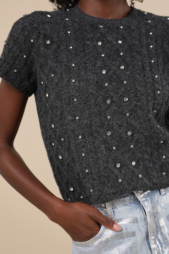 Lulus Glittering Warmth Charcoal Grey Rhinestone Short Sleeve Sweater In Charcoal Grey