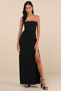 Memorably Iconic Black Strapless Lace Bustier Maxi Dress 3