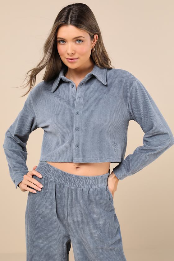 Native Youth Hayter Slate Blue Corduroy Cropped Long Sleeve Button-up Top In Slate Blue