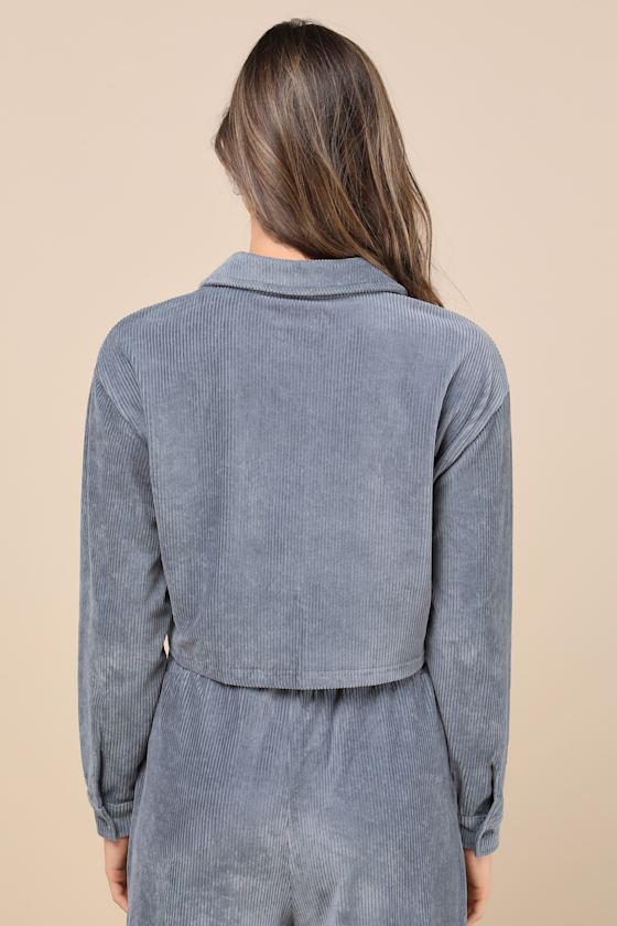 Native Youth Hayter Slate Blue Corduroy Cropped Long Sleeve Button-up Top In Slate Blue