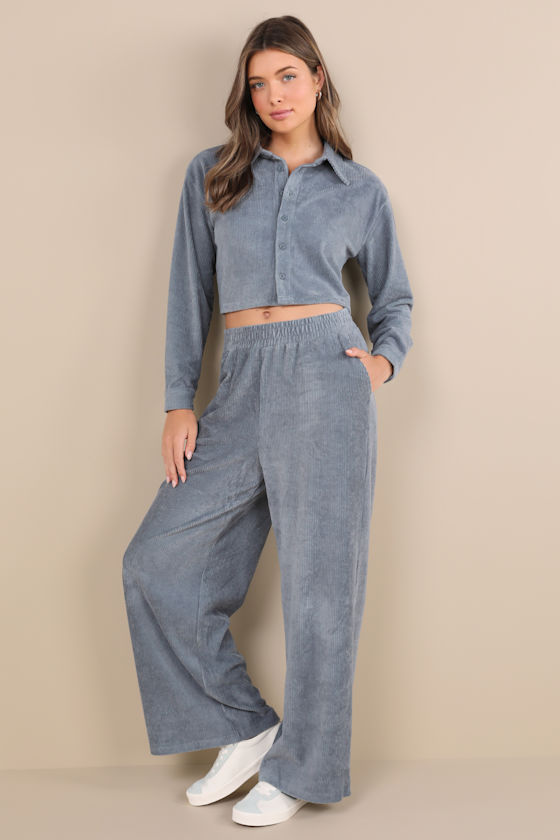 Native Youth Hayter Slate Blue Corduroy Cropped Long Sleeve Button-up Top In Slate Blue