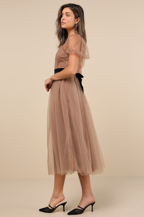 Lulus Curated Crush Tan Tulle Ruched Swiss Dot Puff Sleeve Midi Dress In Tan