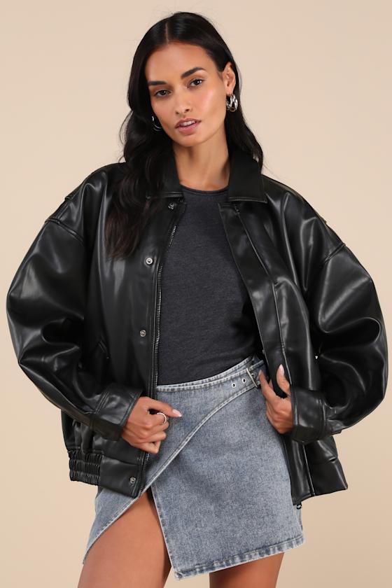 Kenny Black Oversized Vegan Leather Bomber Jacket 1