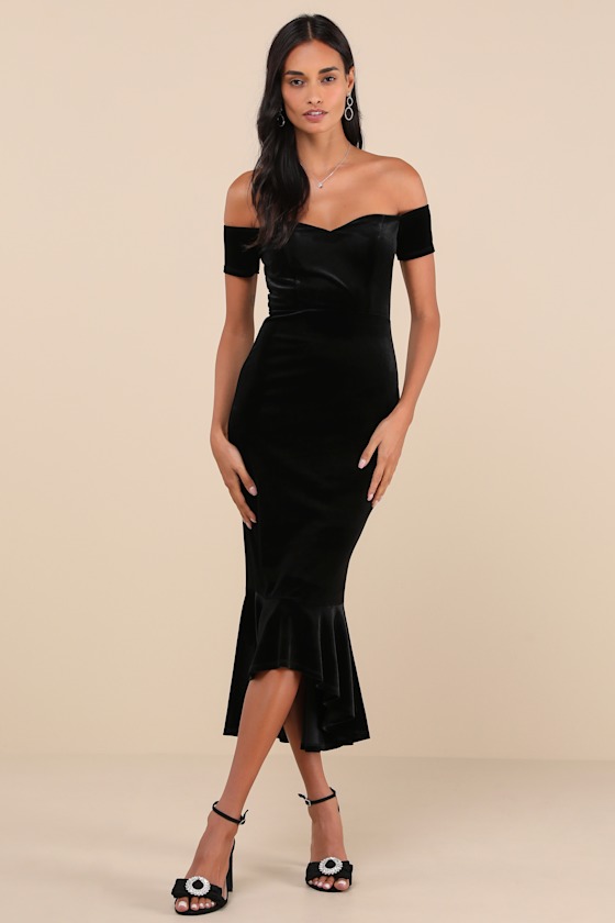 Lulus How Much I Care Black Velvet Off-the-shoulder Midi Dress In Black