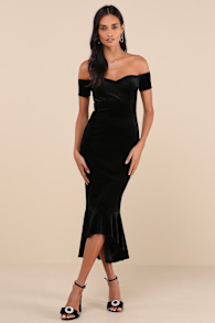How Much I Care Black Velvet Off-the-Shoulder Midi Dress 1