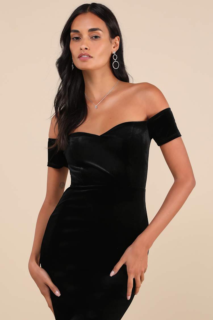 How Much I Care Black Velvet Off-the-Shoulder Midi Dress