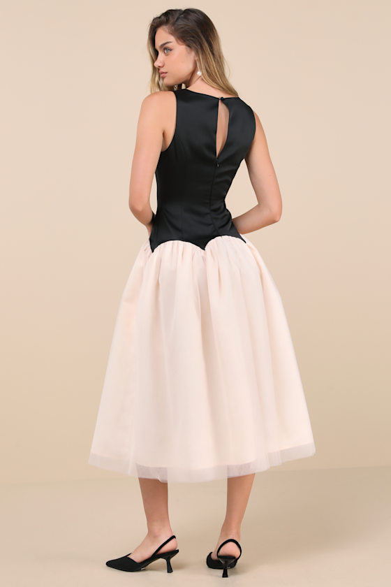 Lulus Contemporary Elegance Black And Cream Satin Tulle Midi Dress In Black