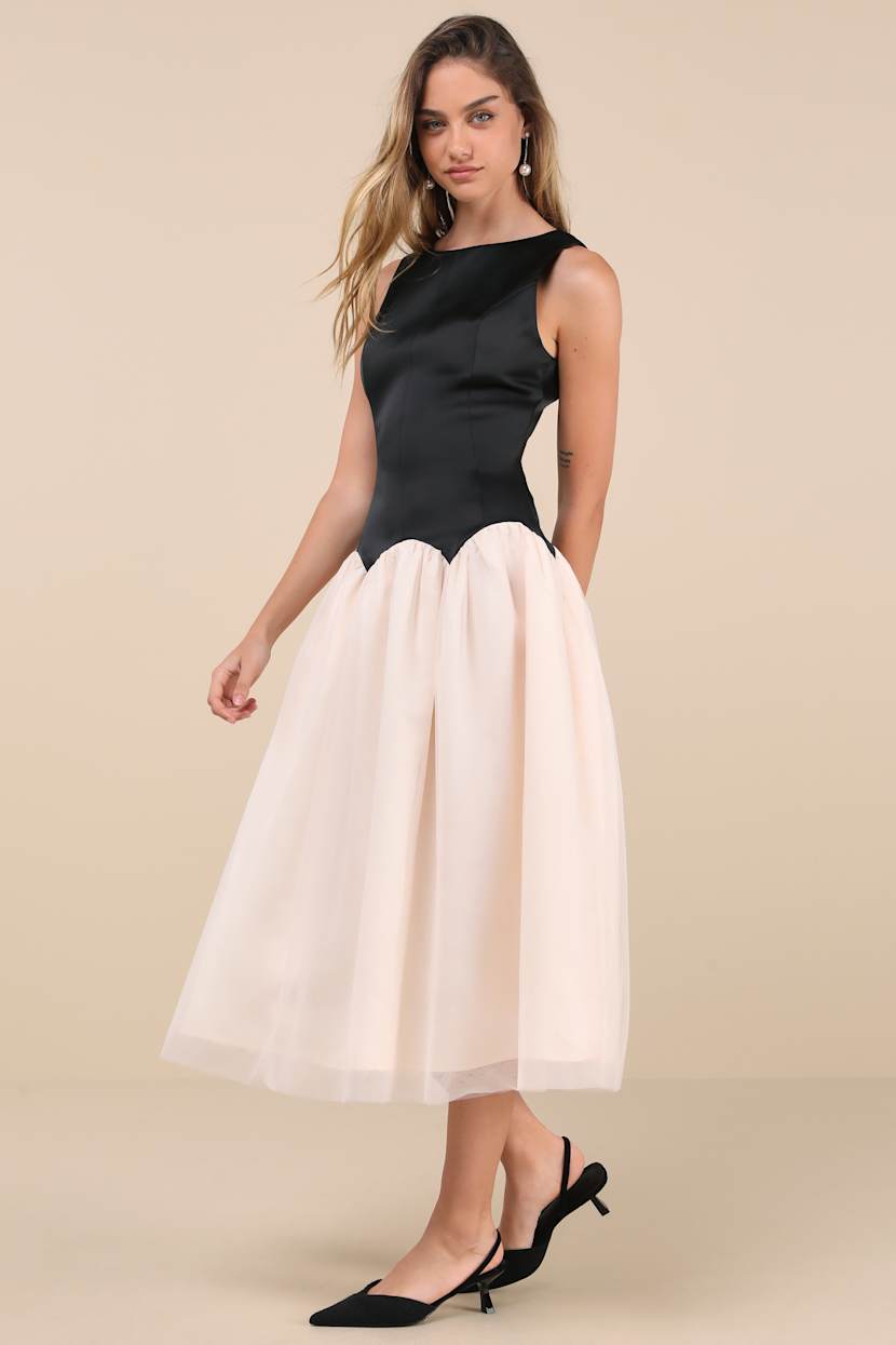 Contemporary Elegance Black and Cream Satin Tulle Midi Dress