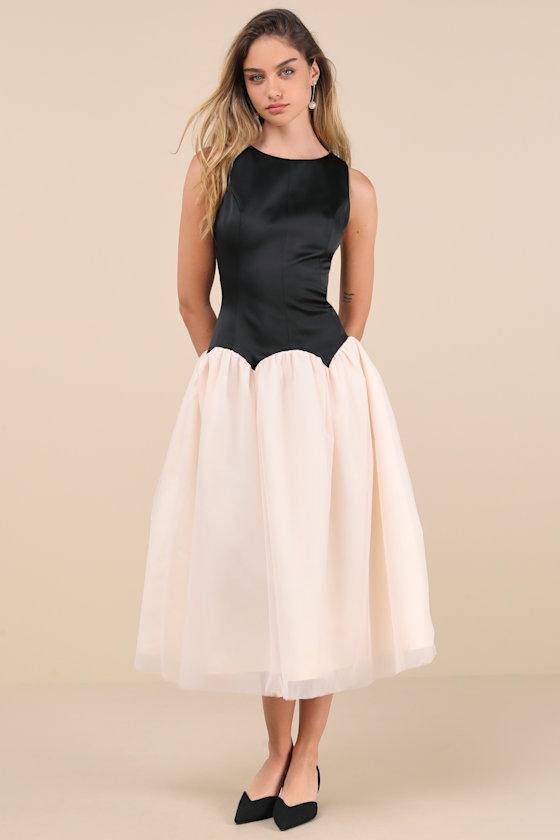 Contemporary Elegance Black and Cream Satin Tulle Midi Dress 4