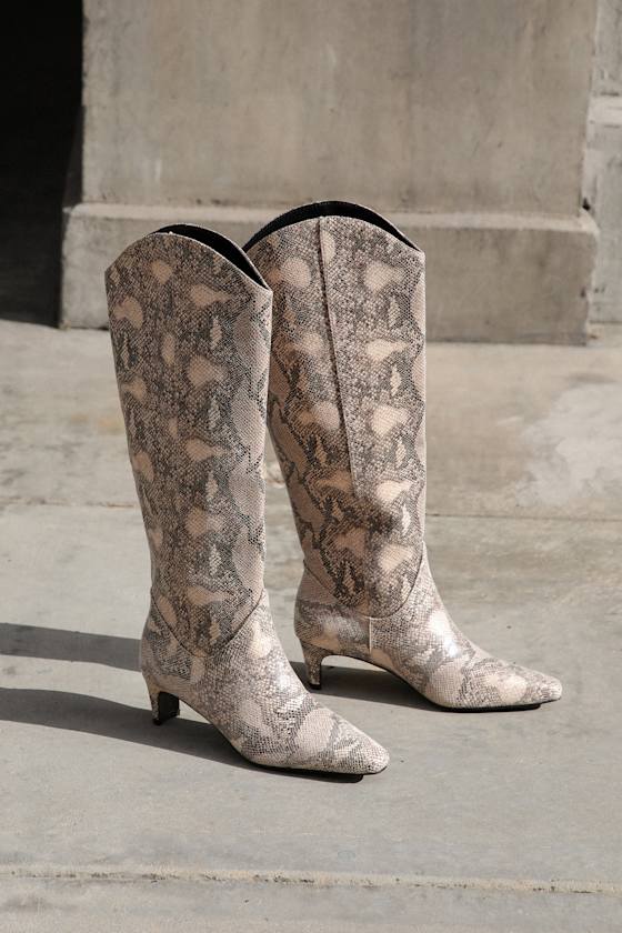Alessio Beige Snake Pointed-Toe Knee-High Boots 1