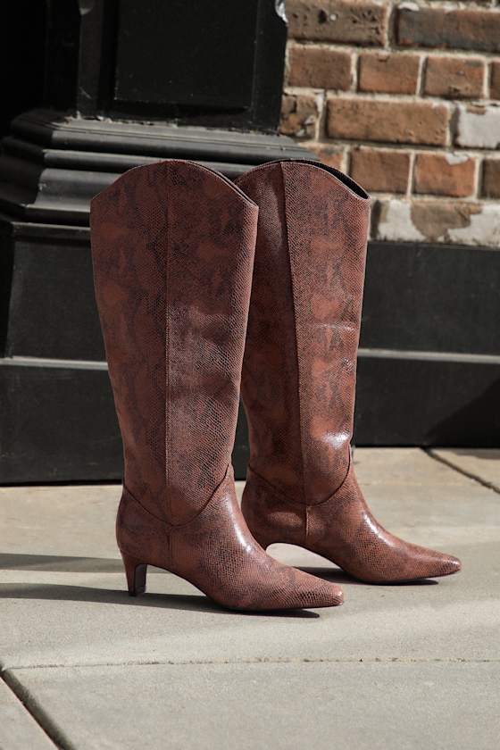 Alessio Brown Snake Pointed-Toe Knee-High Boots 1