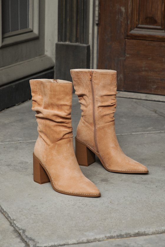 Penelopie Light Nude Suede Pointed-Toe Mid-Calf Boots 1