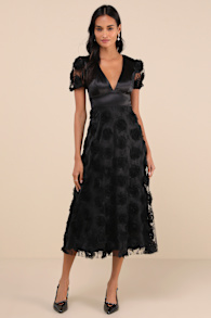 Gorgeous Elevation Black Lace Rosette Puff Sleeve Midi Dress 1
