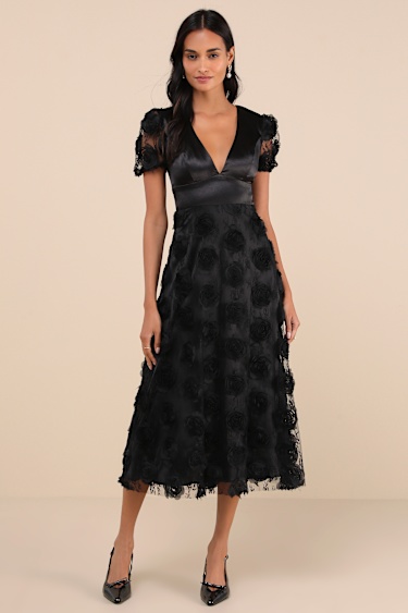 Lulus | Black Lace Rosette Puff Sleeve Midi Dress | Womens | XX-Small (Available in XS, S, M) | 100% Polyester Lulus | Black Lace Rosette Puff Sleeve Midi Dress | Womens | XX-Small (Available in XS, S, M) | 100% Polyester