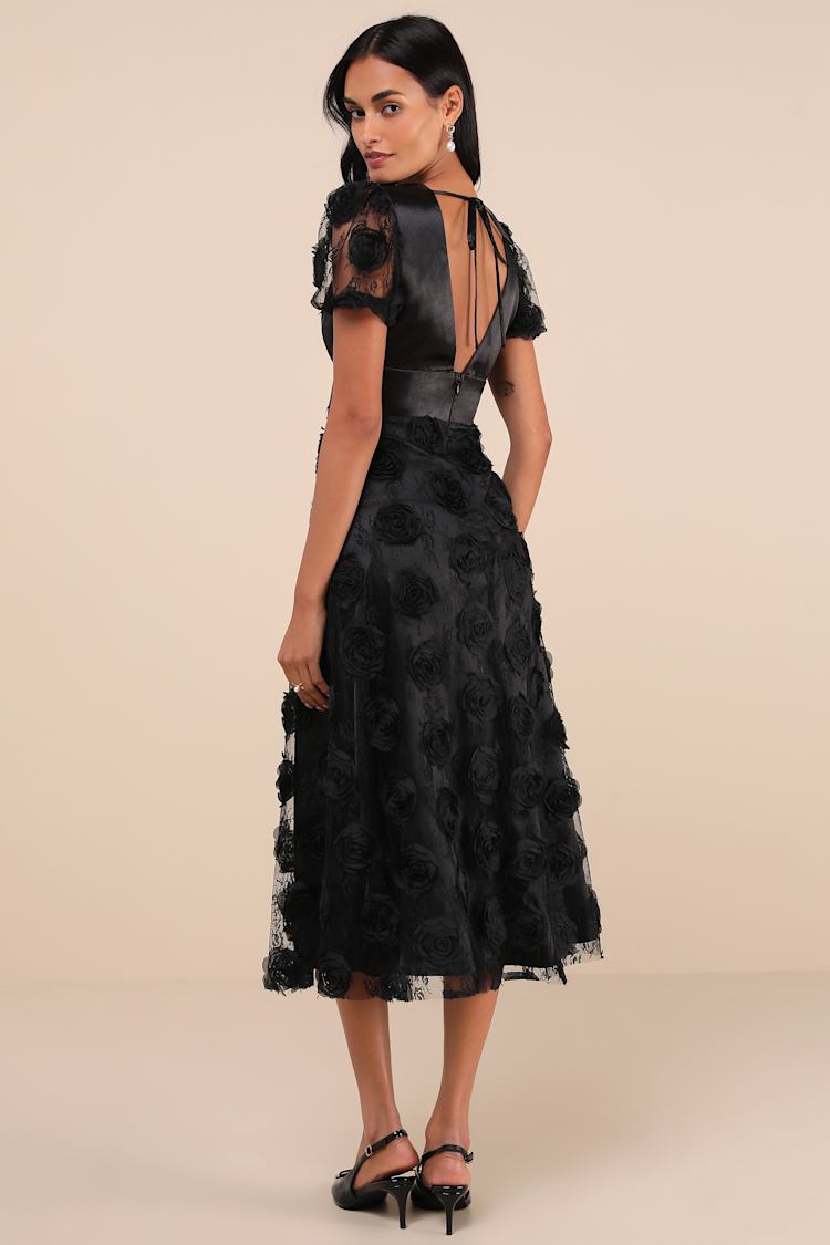 Gorgeous Elevation Black Lace Rosette Puff Sleeve Midi Dress