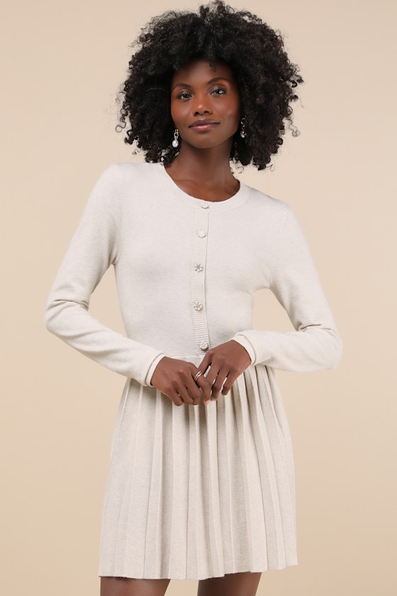 Lulus Beyond Sweet Heathered Beige Pleated Mini Sweater Dress In Beige