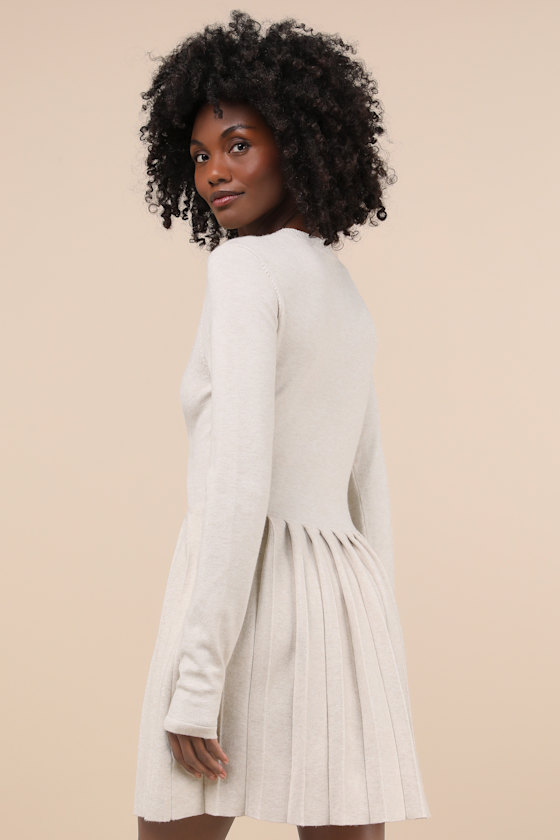 Beyond Sweet Heathered Beige Pearl Pleated Mini Sweater Dress