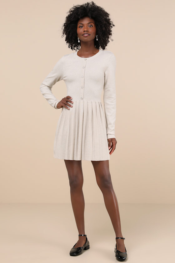 Lulus Beyond Sweet Heathered Beige Pleated Mini Sweater Dress In Beige