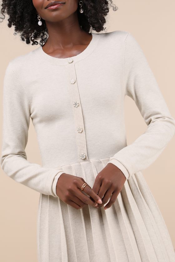 Lulus Beyond Sweet Heathered Beige Pleated Mini Sweater Dress In Beige